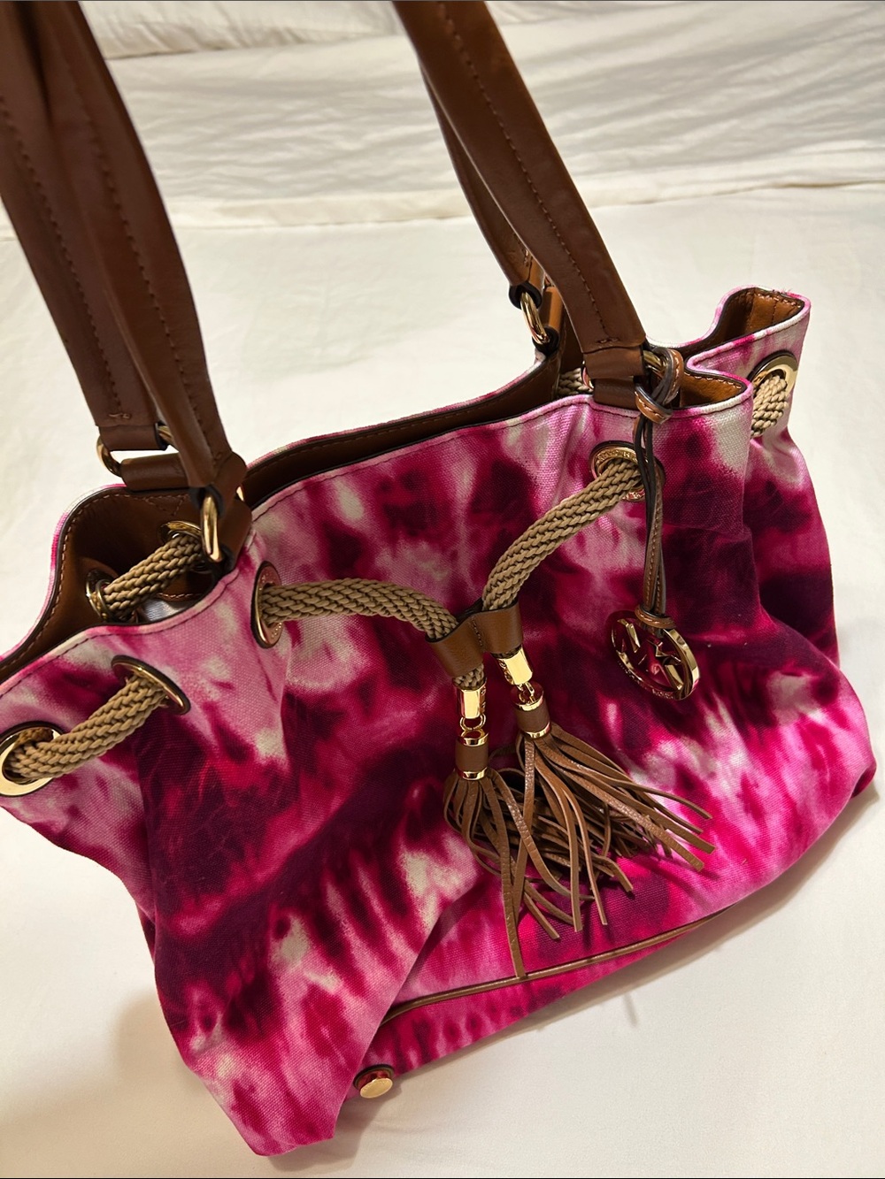 Michael Kors Pink Tie-Dye Shoulder Bag with Brown Trim